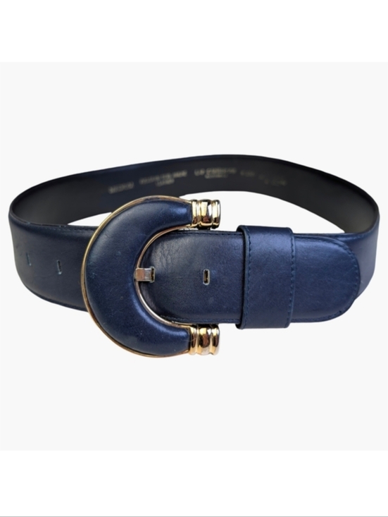 Liz Claiborne Accessories - Vintage Liz Claiborne Navy Leather Wide Belt With Gold Buckle | Medium